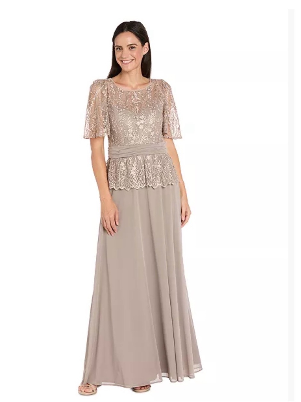 R&M Richards Taupe Lace Chiffon Peplum Evening Gown